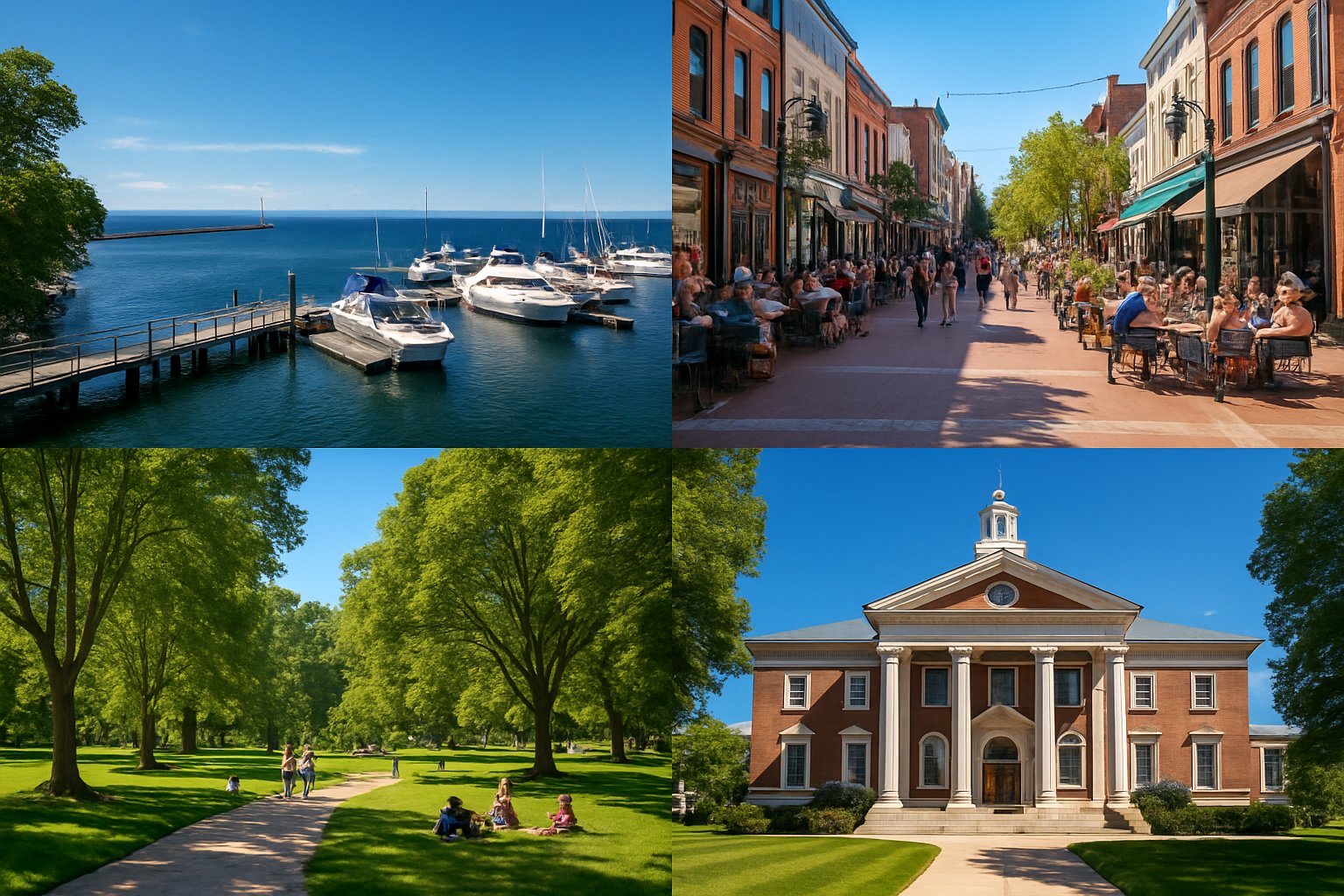 A collage of four scenes in Burlington: a waterfront with boats, a busy downtown street with shops and cafes, a green park with families, and a historic building under a clear sky.