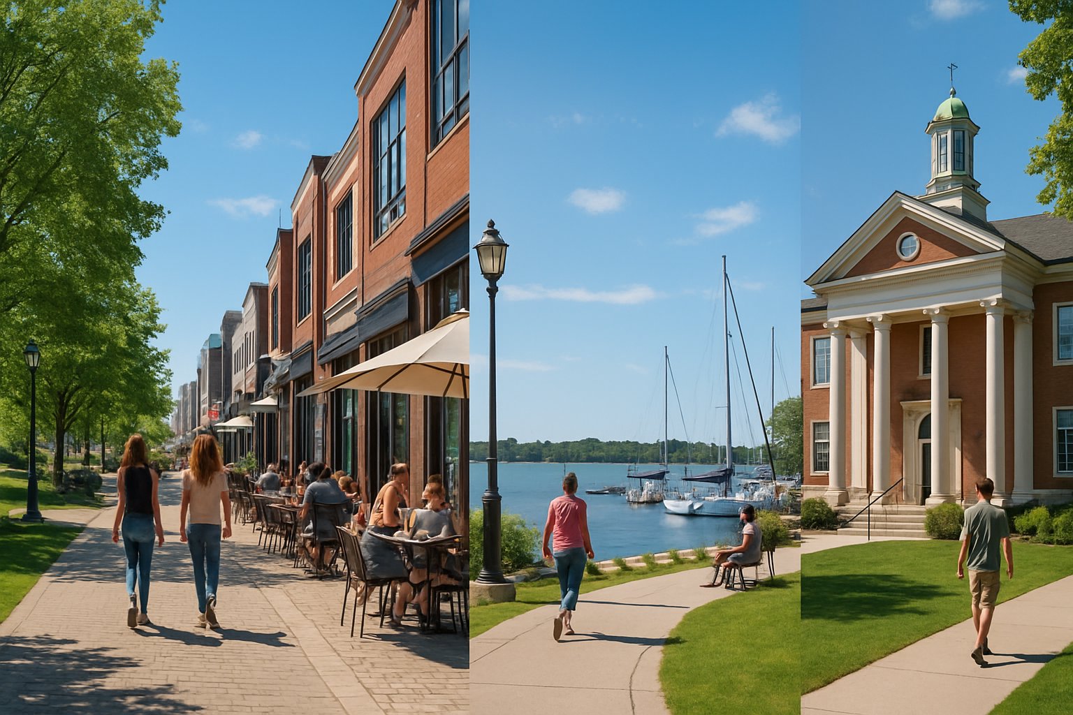 A vibrant outdoor scene showing a park, shopping street, waterfront, and historic building in Alton Village, Burlington with people enjoying various activities.