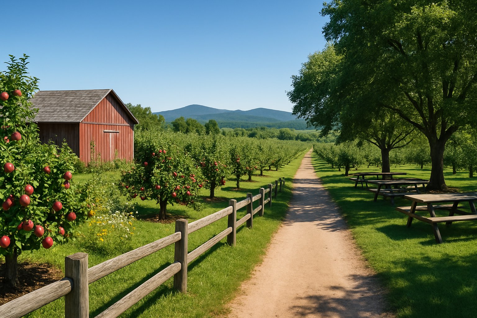 An orchard in Burlington with rows of apple trees, a rustic barn, picnic tables under trees, and rolling hills in the background.