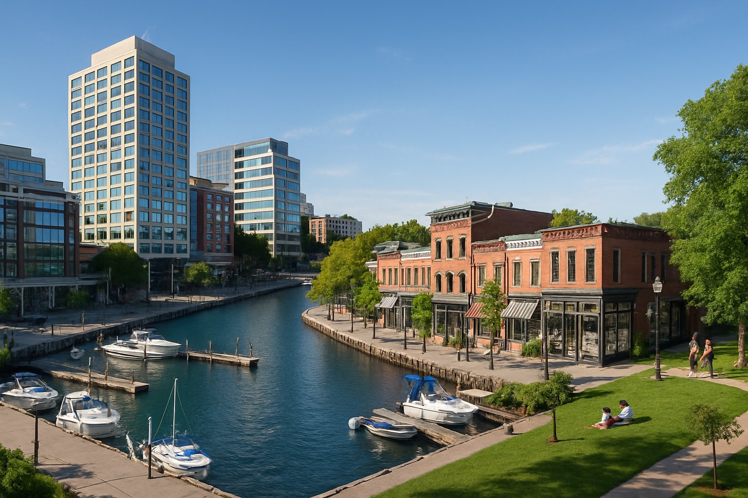 Panoramic view of Central Burlington showing downtown buildings, waterfront with boats, historic brick shops, and a green park with people.