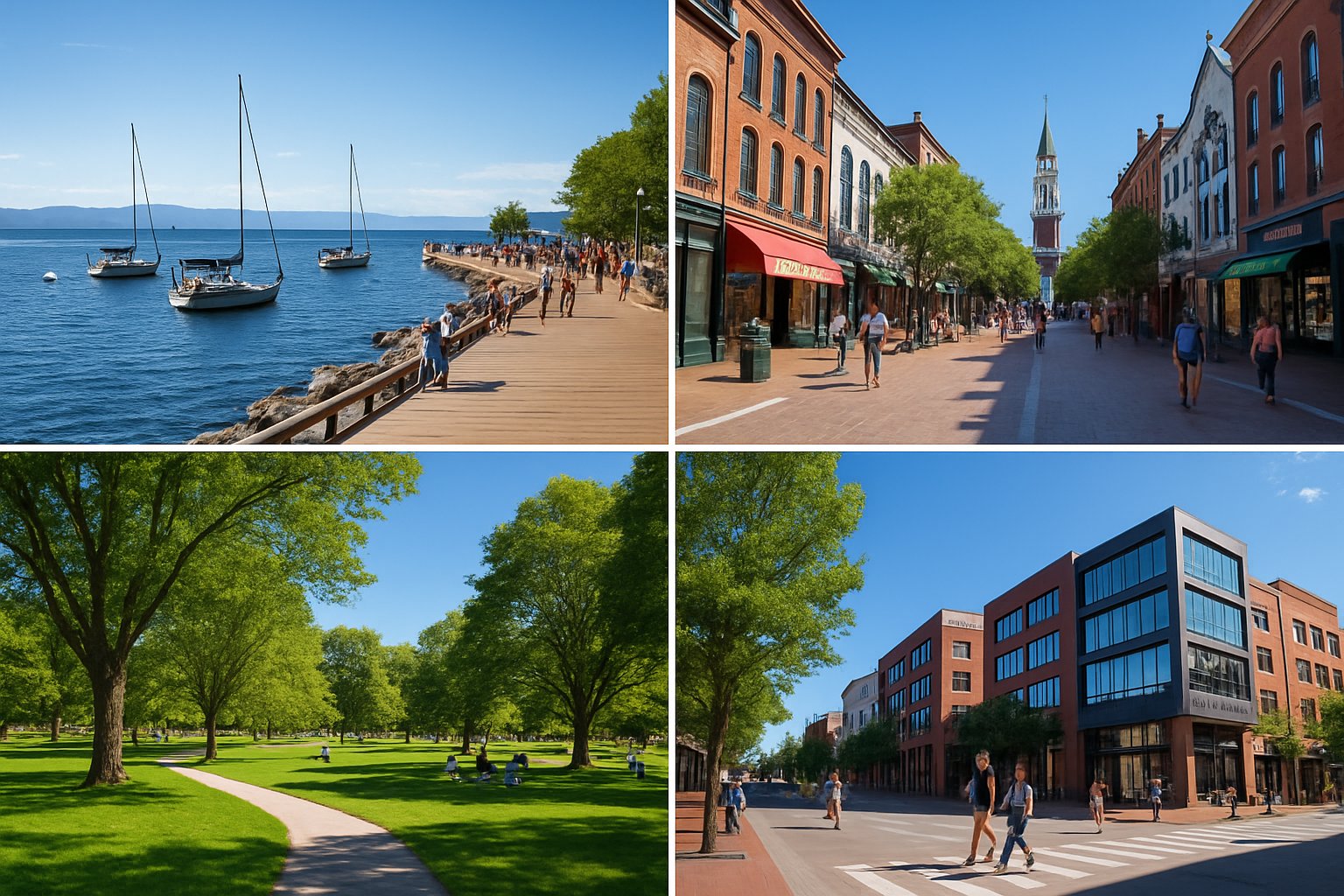 A collage of four popular locations in Burlington including a waterfront with sailboats, a historic downtown street, a green park with people, and a modern urban area.