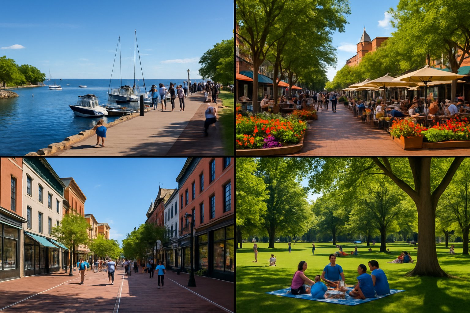 A collage showing a waterfront with boats, a busy city square with outdoor cafes, a historic street with shops, and a green park with families and children in Burlington.
