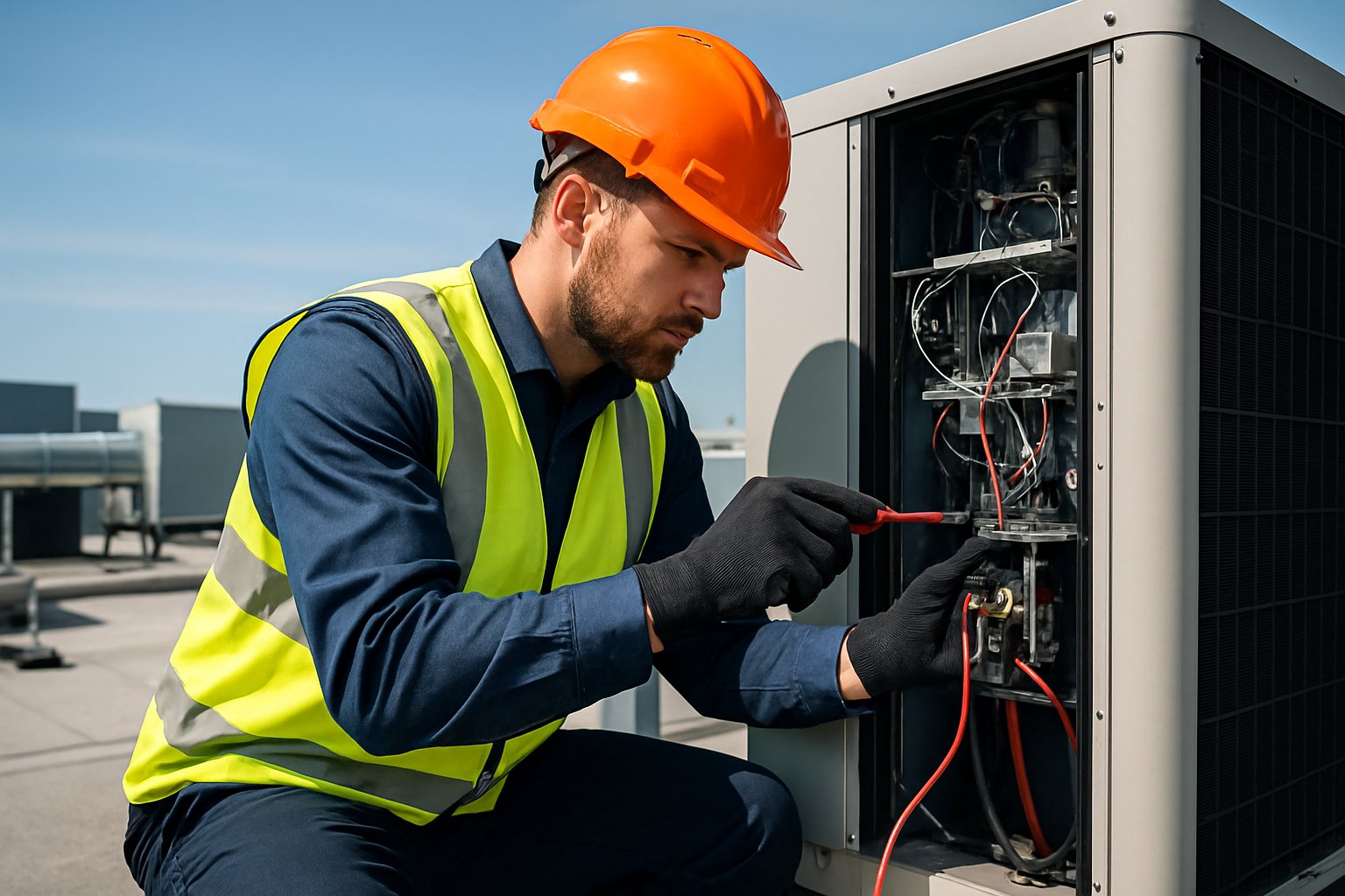 A technician wearing safety gear working on large commercial HVAC equipment on a rooftop under a clear sky.