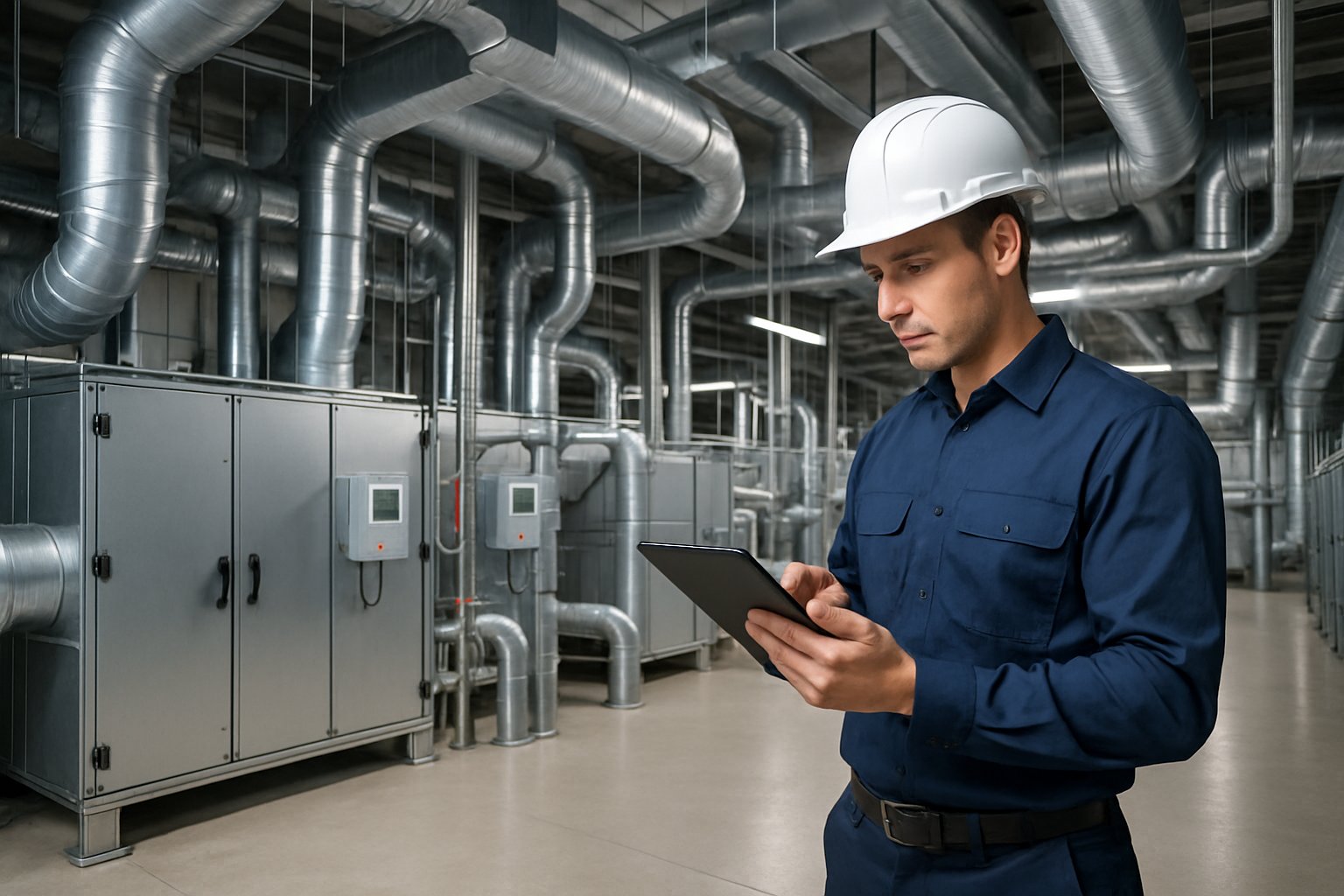 A technician inspecting a large commercial HVAC system with air handling units and ductwork in a mechanical room.
