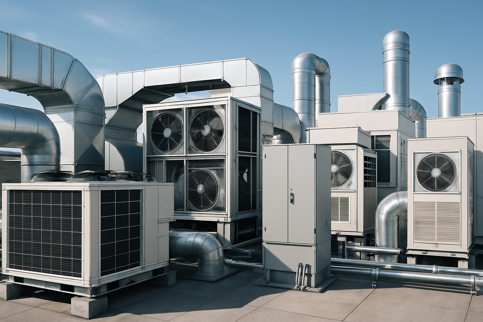Commercial rooftop with multiple large HVAC units, ductwork, and ventilation systems under a clear sky.