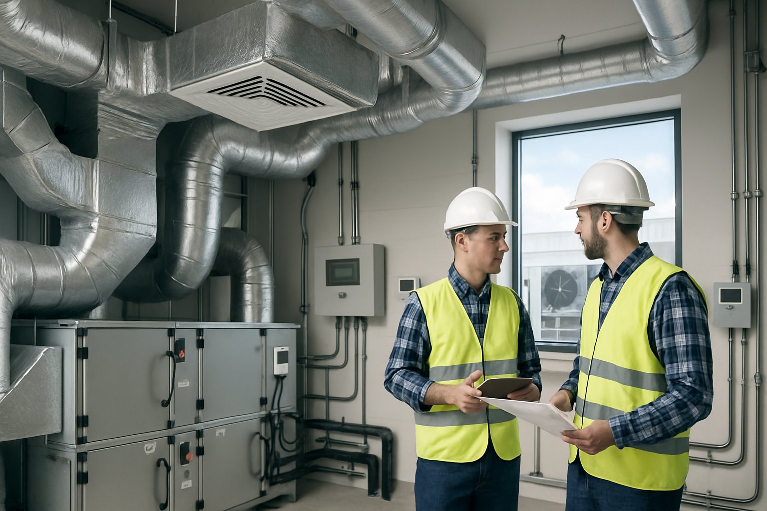 Engineers inspecting commercial HVAC equipment including air ducts, ventilation grilles, and control panels inside a building.