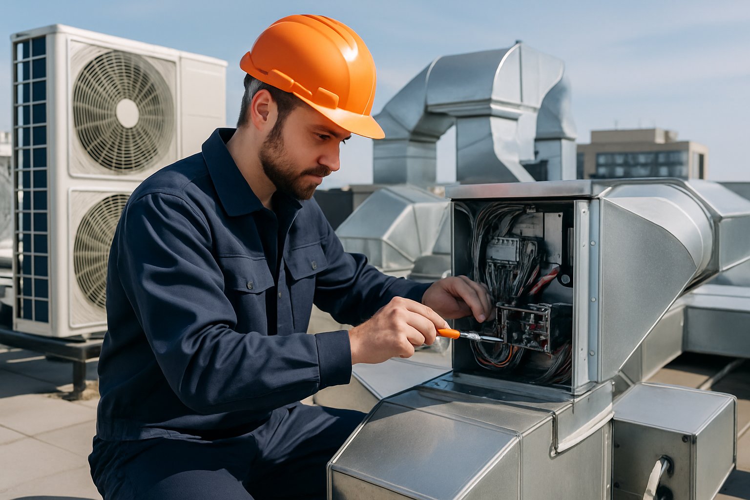 Technician working on a large commercial HVAC unit on a rooftop, inspecting and adjusting equipment.
