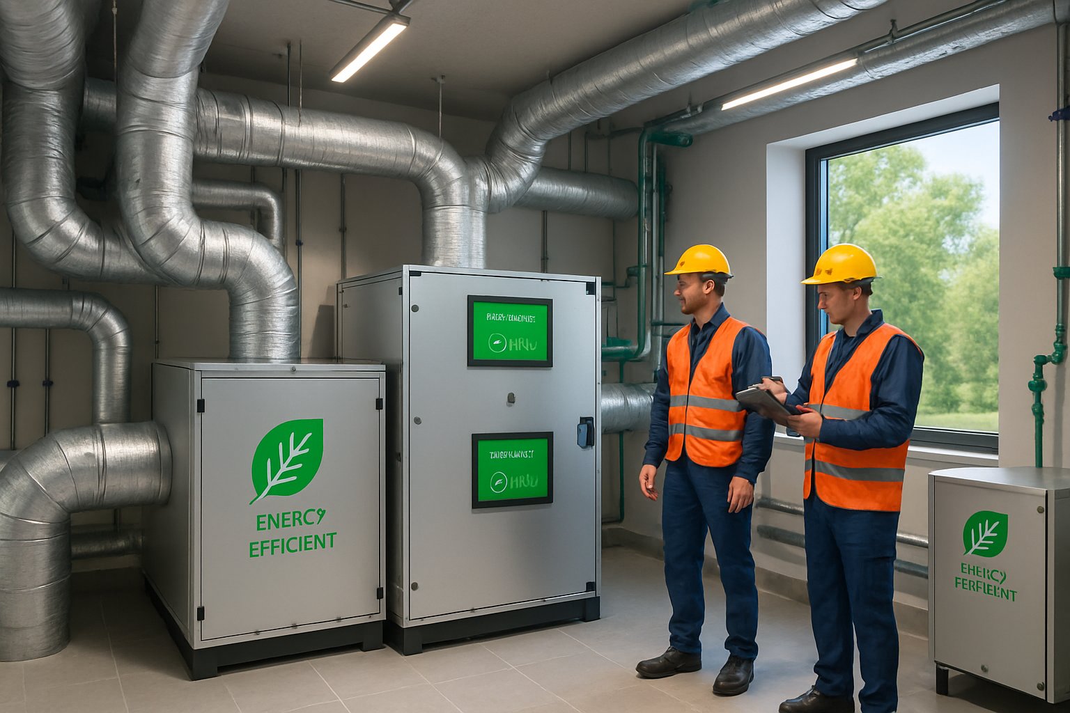 Technicians inspecting a modern commercial HVAC system in a clean mechanical room with large ducts and control panels.