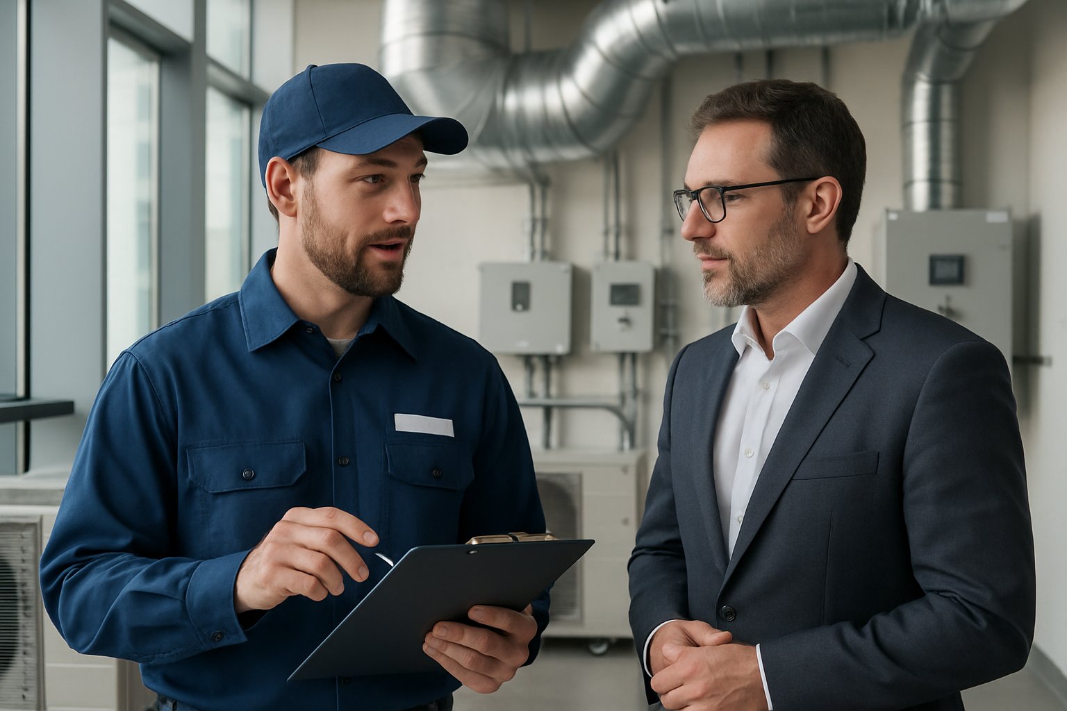 A commercial HVAC contractor consulting with a business owner near HVAC equipment inside an office building.
