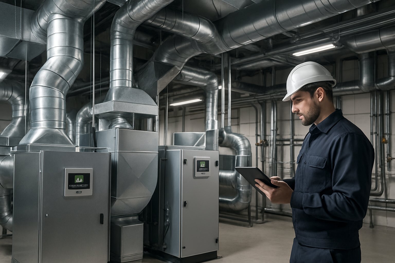 A technician inspecting a modern commercial HVAC system in a large mechanical room with air ducts and control panels.