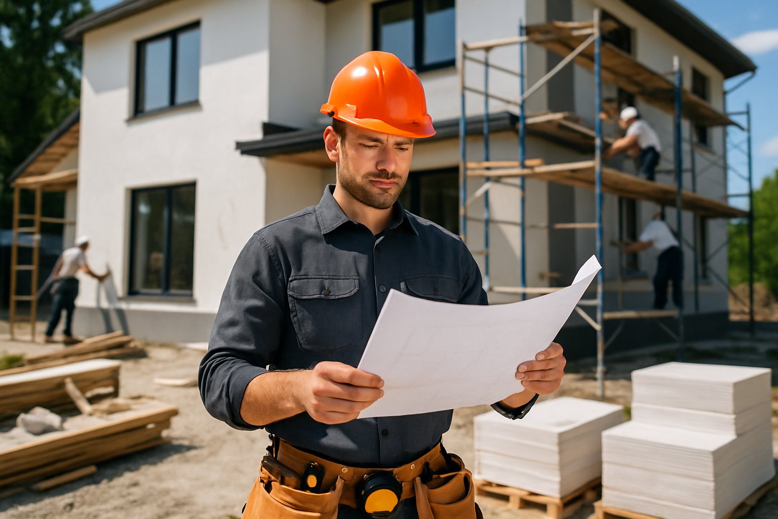 A renovation contractor reviewing blueprints at a residential construction site with workers and building materials in the background.