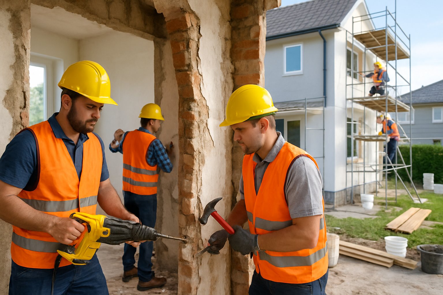 Construction workers renovating a residential house with tools and scaffolding on a bright day.