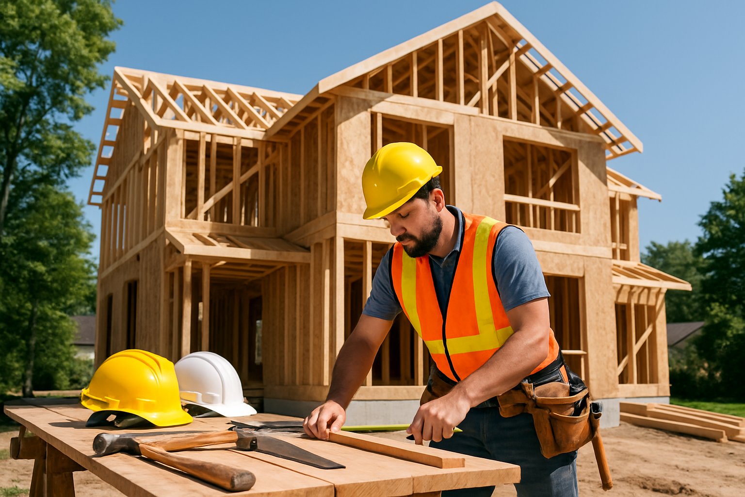 A construction worker building a custom home with wooden framing at a residential site.
