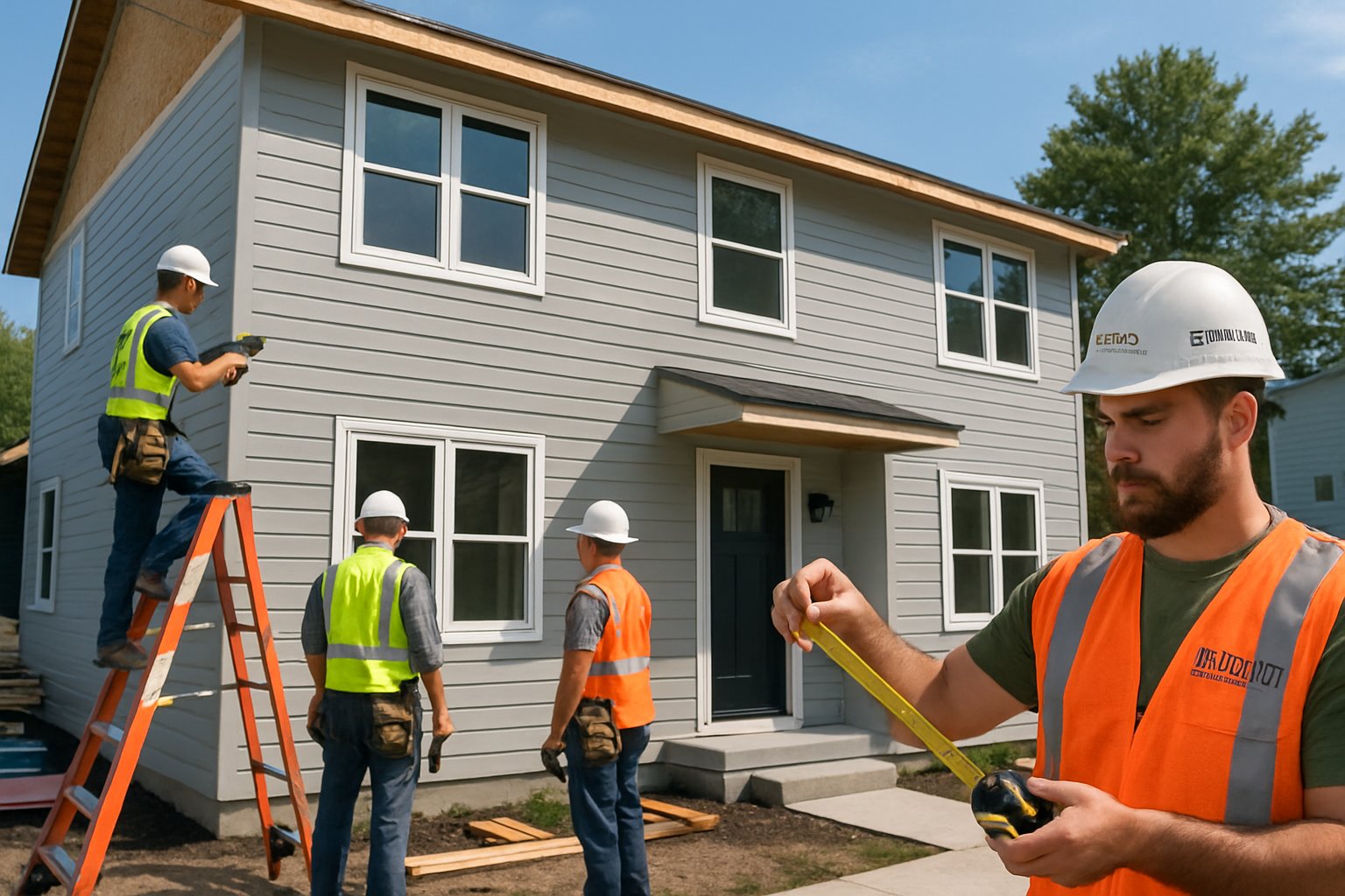 Construction workers renovating a residential home exterior with new siding and windows during the daytime.
