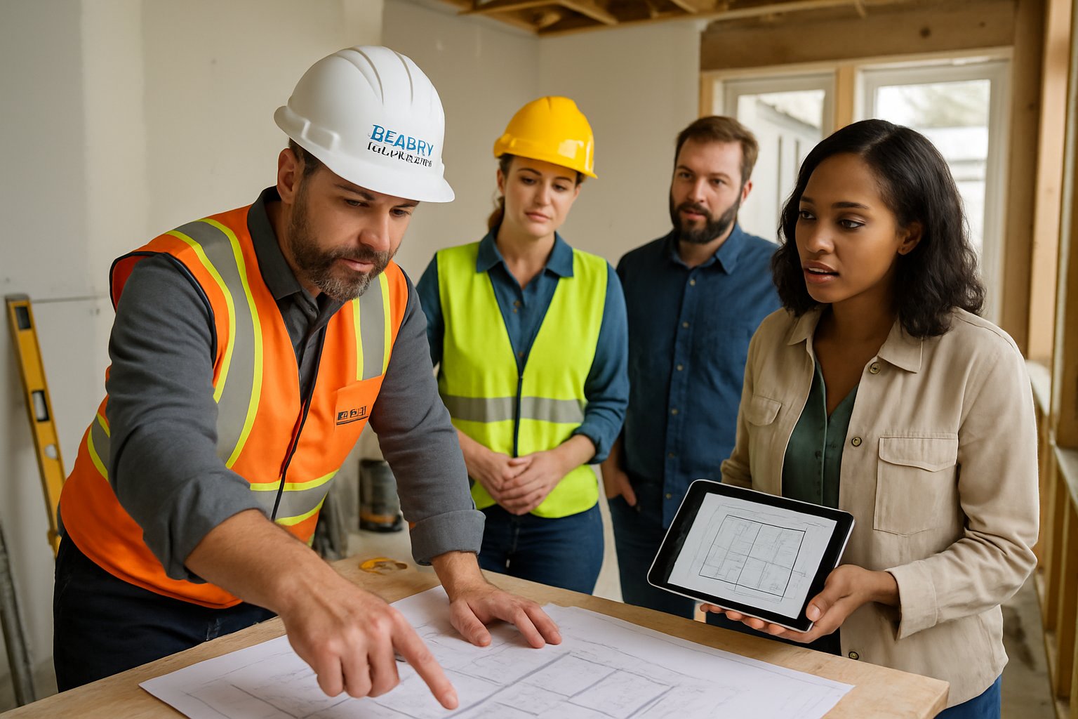 Construction professionals and a client reviewing blueprints at a renovation site with tools and building materials visible in the background.