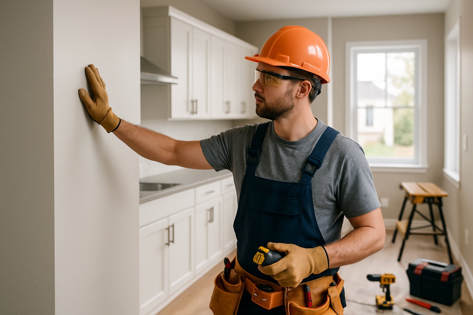 A construction worker wearing a hard hat working inside a newly renovated home with tools and fresh cabinetry visible.