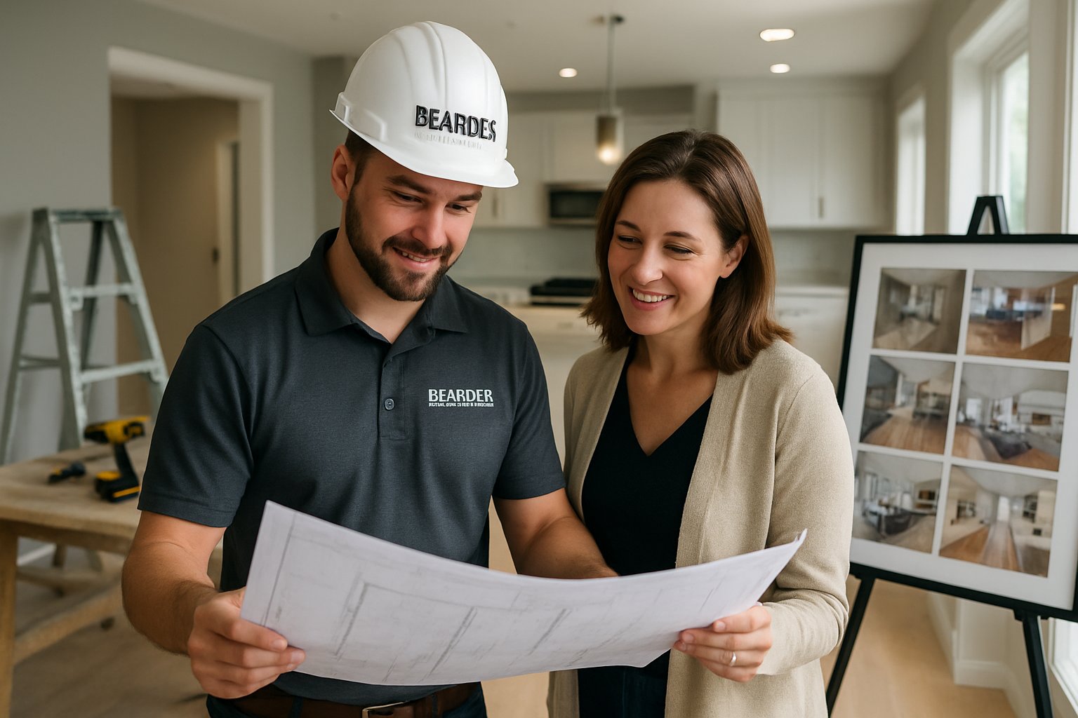 A renovation contractor and client reviewing blueprints together at a residential construction site with renovation work visible in the background.