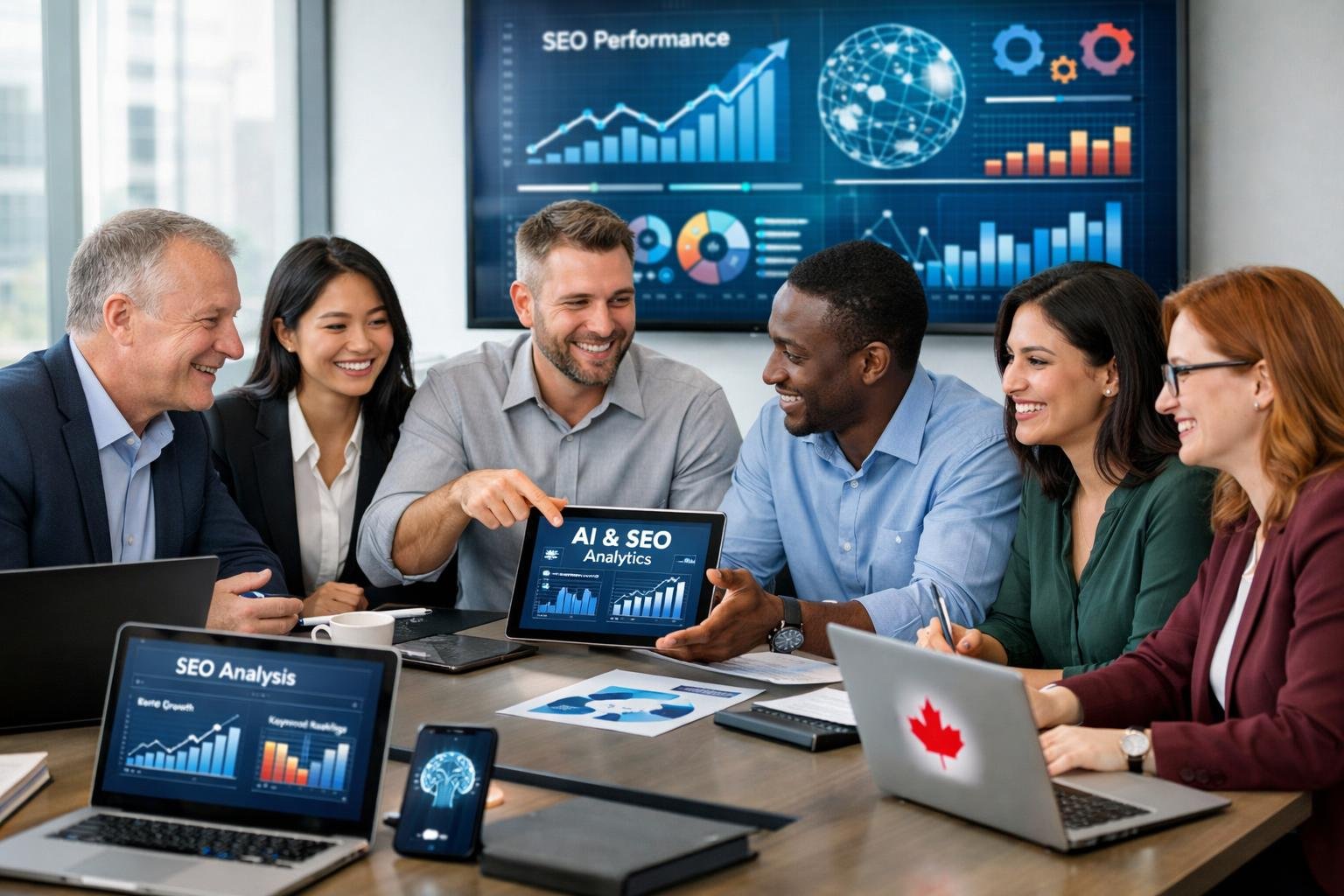 A group of business professionals collaborating around a table with laptops and digital devices in a bright office with data visualizations on a screen.