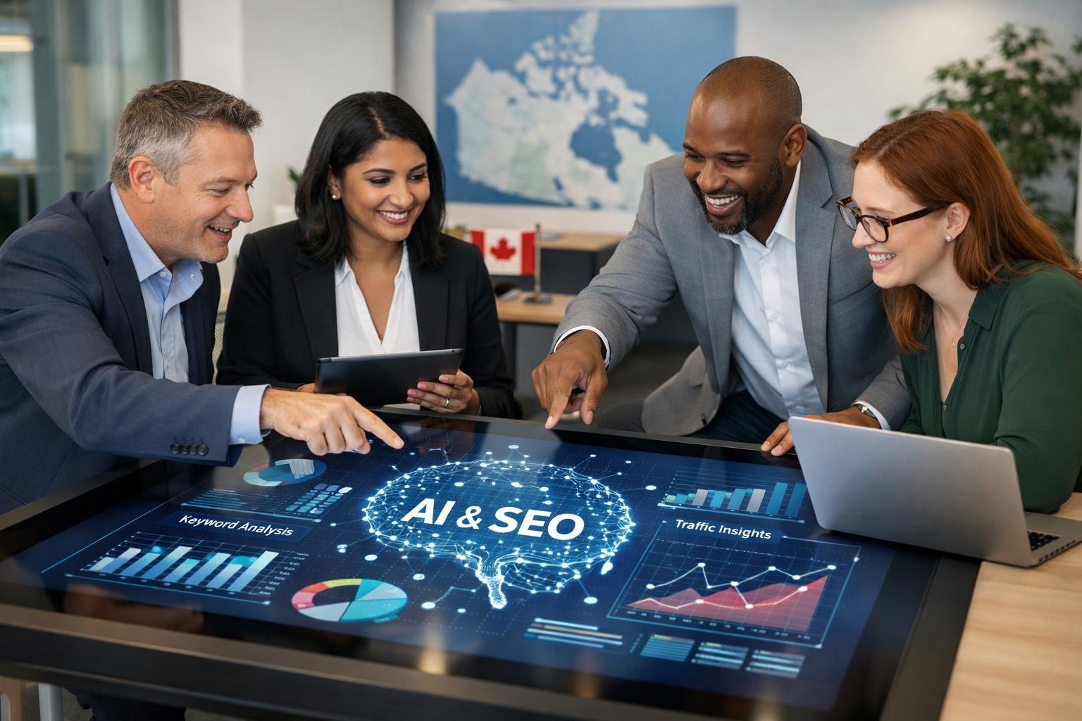 A group of Canadian business professionals collaborating around a digital touchscreen table displaying AI and SEO data in a modern office.