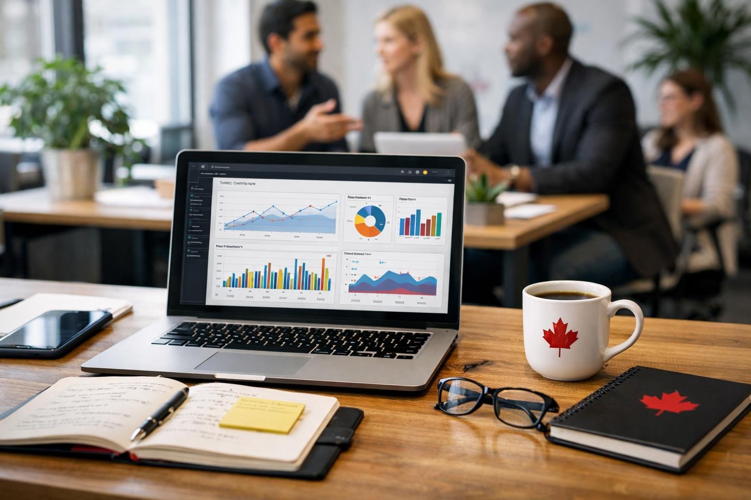A modern office workspace with a laptop showing SEO analytics, surrounded by work materials, and a team collaborating in the background.