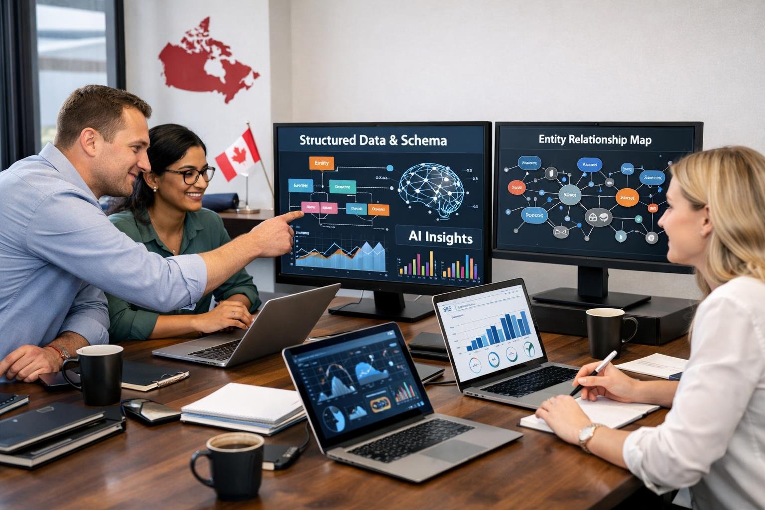 A team of professionals working together around computers displaying data and diagrams in an office with Canadian-themed decor.