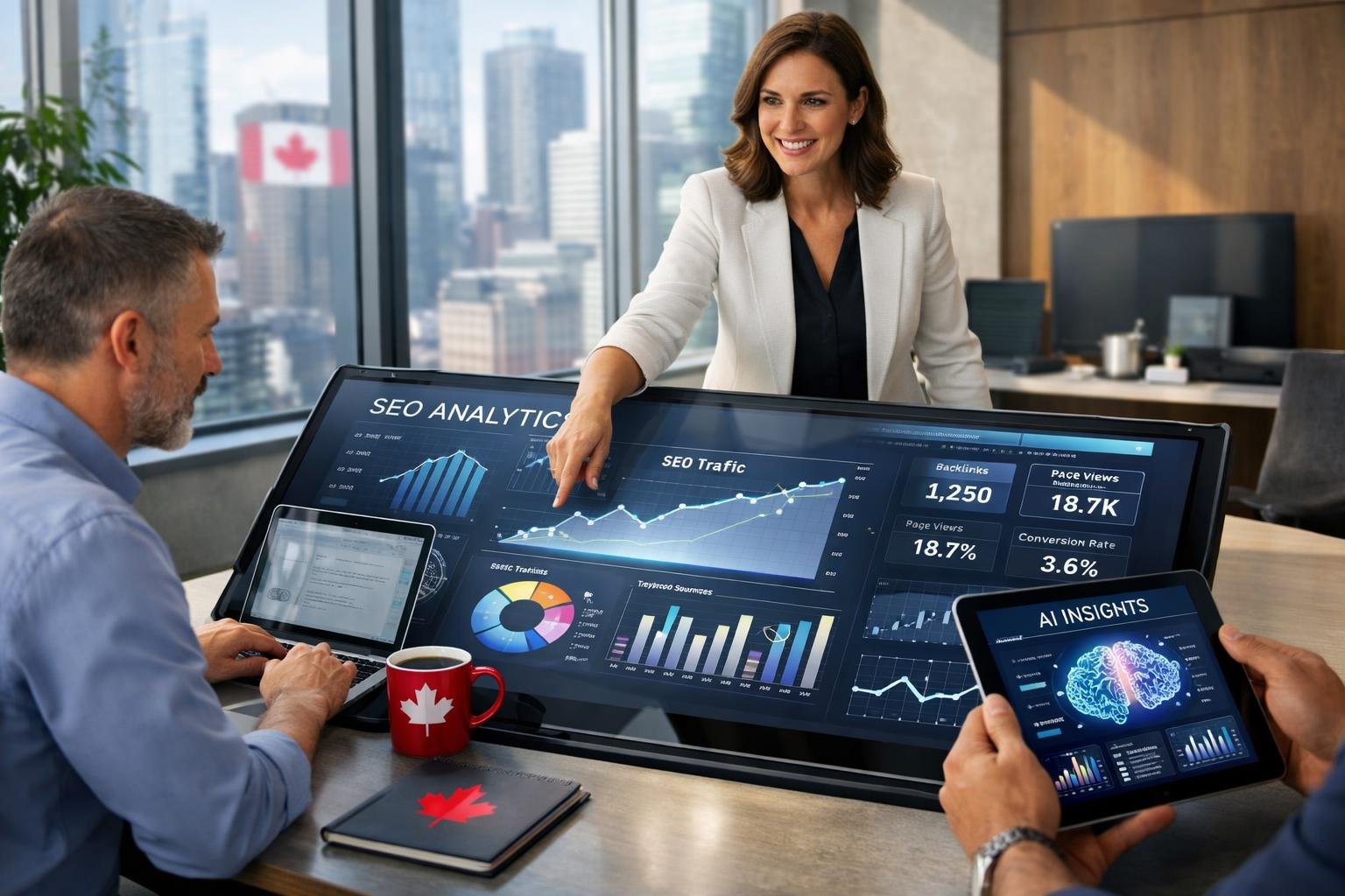 A diverse team of professionals collaborating around a digital touchscreen table displaying analytics in a modern office with a city view.
