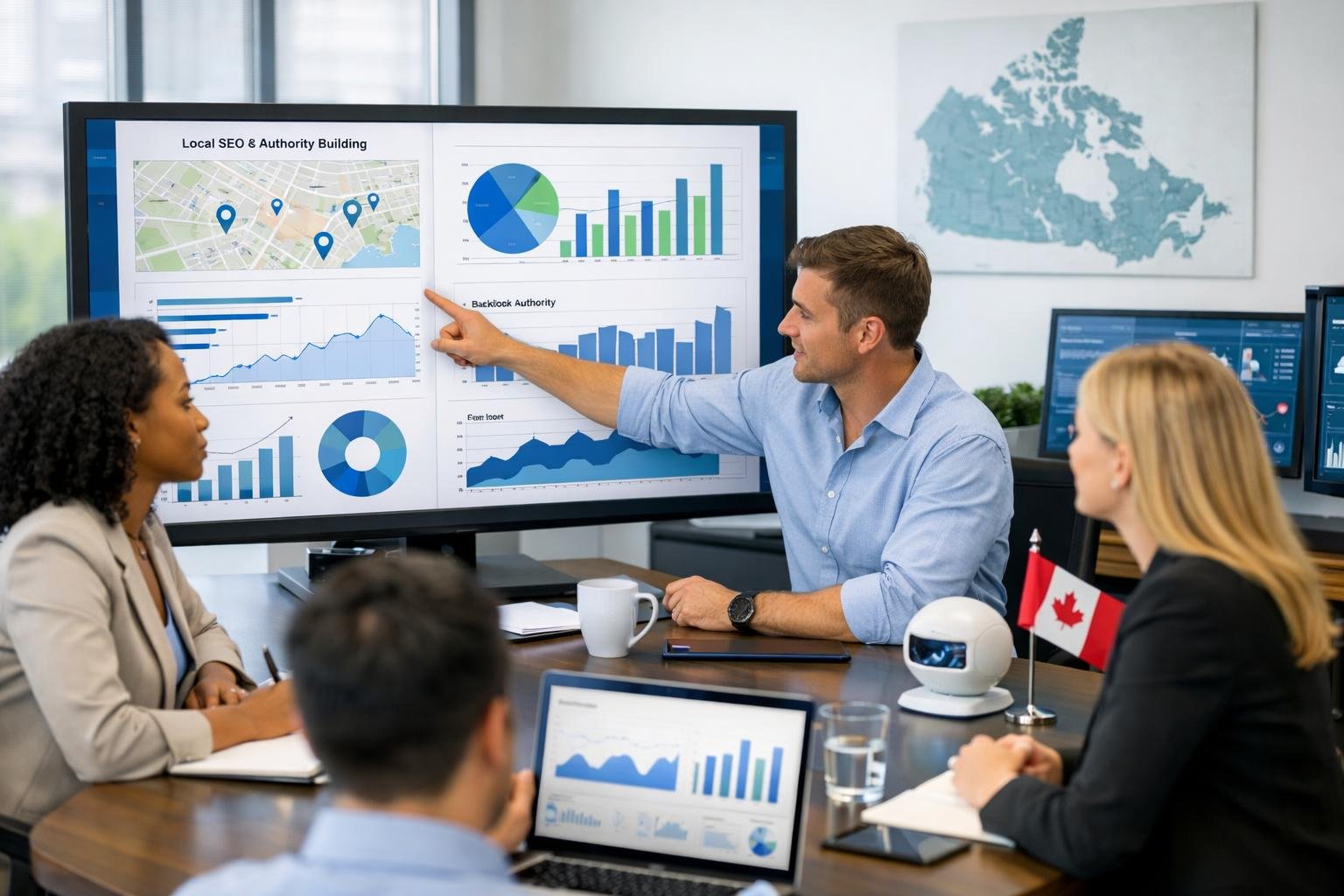 A team of professionals collaborating around a conference table with computer screens showing SEO data and analytics in a modern office with Canadian-themed decor.